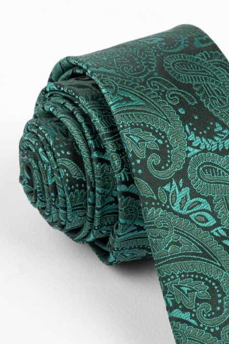 Cravata ingusta neagra cu imprimeu paisley verde [2]