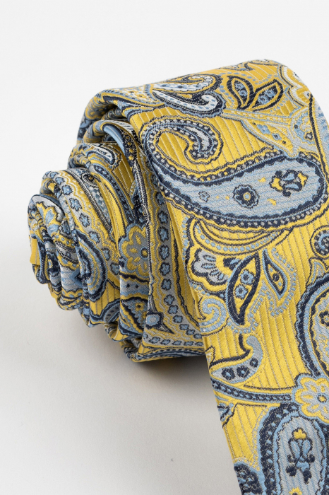 Cravata ingusta galbena cu imprimeu paisley bleu si bleumarin [2]