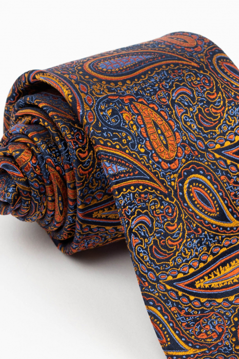 Cravata matase bleumarin cu imprimeu portocaliu [2]