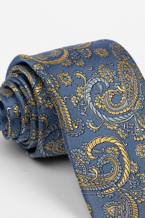 Cravata matase naturala albastra cu imprimeu galben [2]