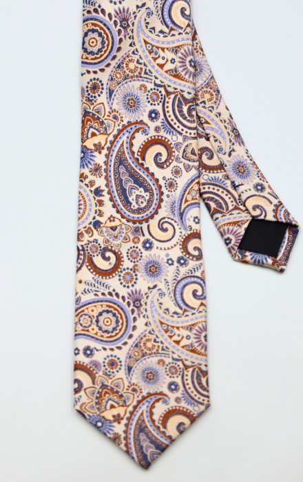 Cravata matase naturala bej cu imprimeu paisley albastru si maro [2]