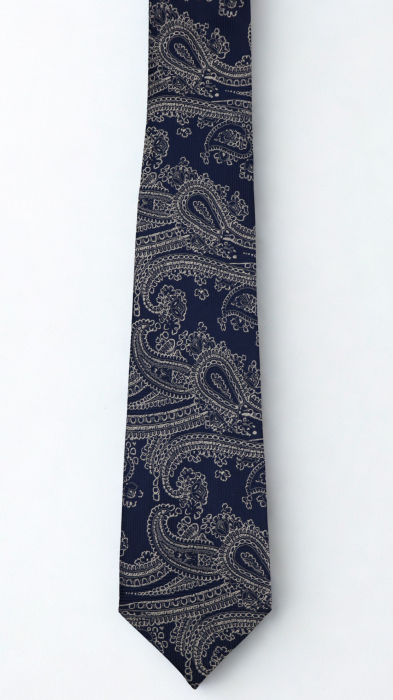 Cravată mătase naturală bleumarin cu model paisley alb si gri [2]