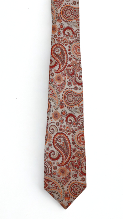 Cravată mătase naturală ivoire cu model paisley rosu, maro si portocaliu [2]