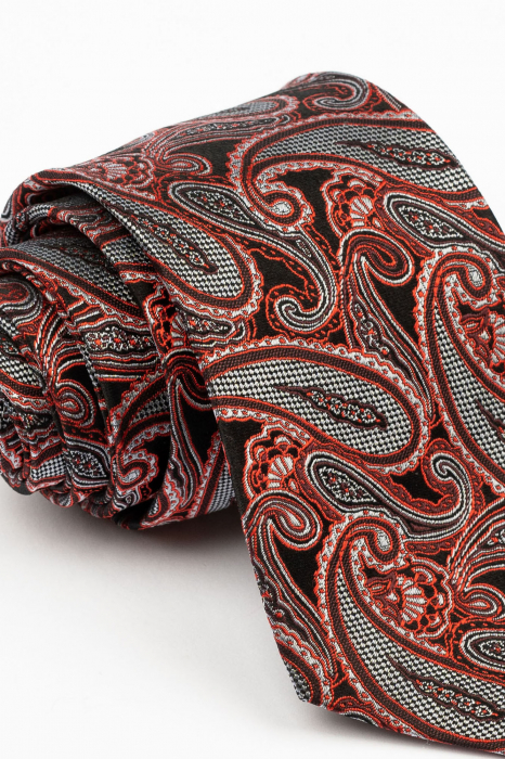 Cravata matase naturala neagra cu imprimeu paisley rosu [2]