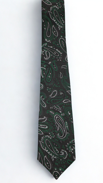 Cravată mătase naturală neagră cu model paisley argintiu si verde [2]
