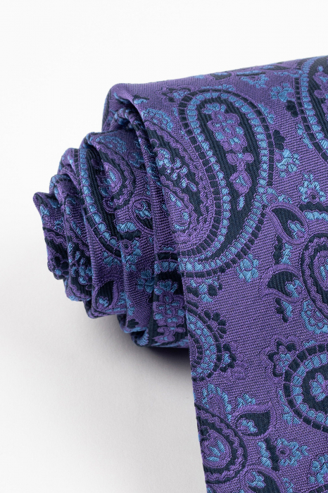 Cravata matase naturala mov cu imprimeu paisley navy si bleu [2]