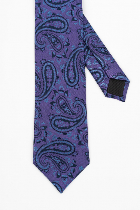 Cravata matase naturala mov cu imprimeu paisley navy si bleu [3]