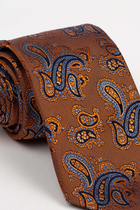 Cravata matase naturala ruginie cu imprimeu paisley albastru [2]