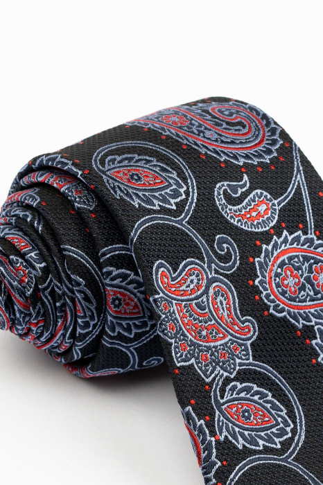 Cravata matase neagra cu imprimeu bleu si rosu [2]