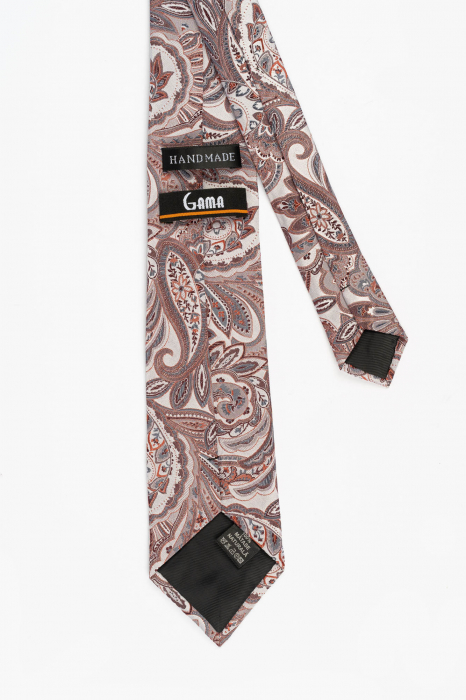 Cravata din matase naturala roz pal cu model floaral portocaliu si gri [3]