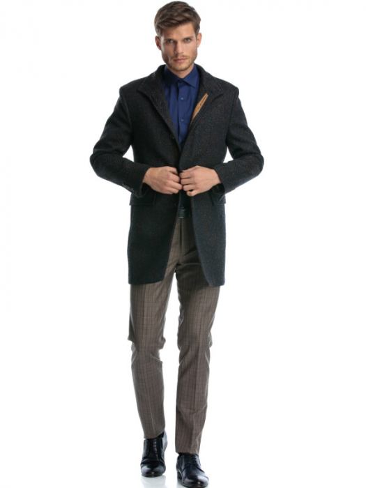 Palton barbati scurt slim fit stofa maro pepit [2]