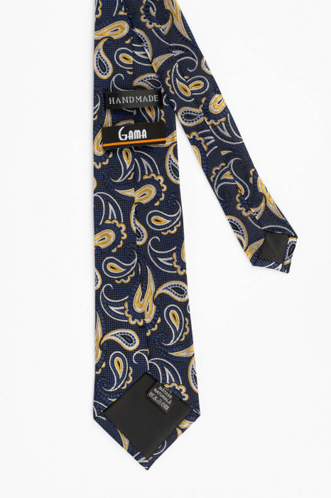 Cravata  din matase naturala bleumarin cu model floral auriu [3]