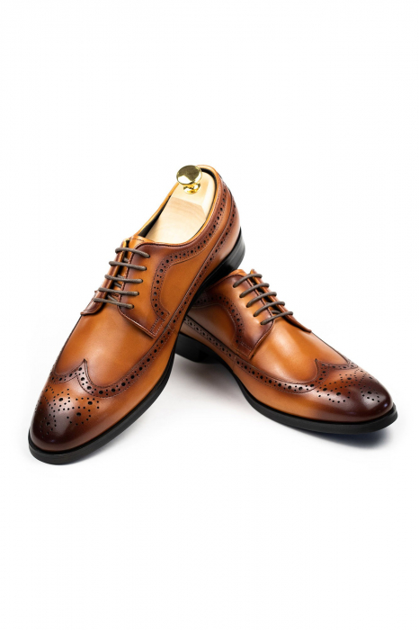 Pantofi barbati piele eleganti cognac Wingtip Derby [3]