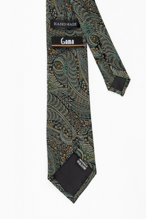 Cravata matase naturala neagra cu imprimeu floral verde si maro [3]