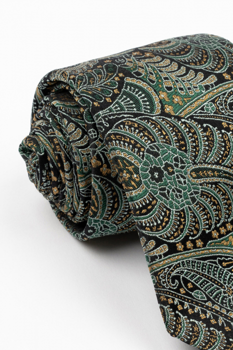 Cravata matase naturala neagra cu imprimeu floral verde si maro [2]