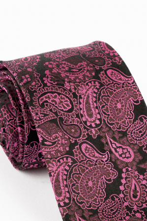 Cravata din matase naturala neagra cu imprimeu paisley roz [1]
