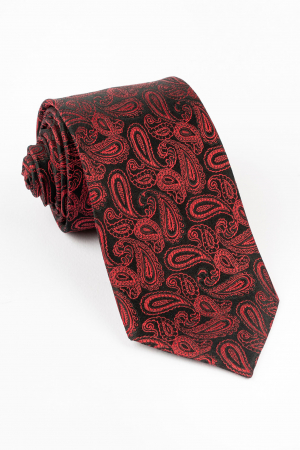Cravata din matase naturala neagra cu model paisley rosu [0]