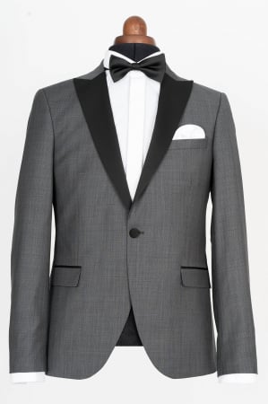 Imbracaminte Barbati - Sacou smoking slim gri cu lana si rever negru
