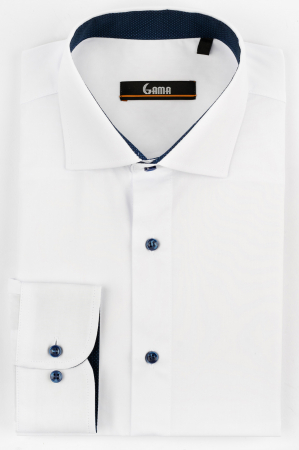 Camasa slim fit alba cu insertie bleumarin si picouri bleu la guler [0]