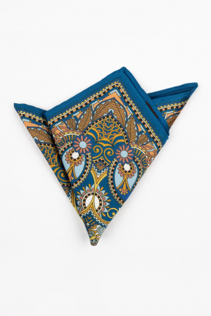 Accesorii - Batista albastra cu imprimeu floral auriu, bleu si portocaliu