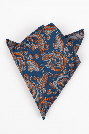 Batista matase naturala albastru cu paisley portocaliu si gri [0]