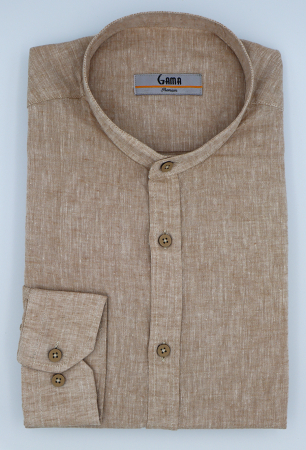 Camasa barbati casual regular fit bej din in cu guler tunica [0]