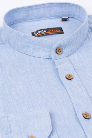 Camasa barbati casual slim bleu din in cu guler tunica [3]