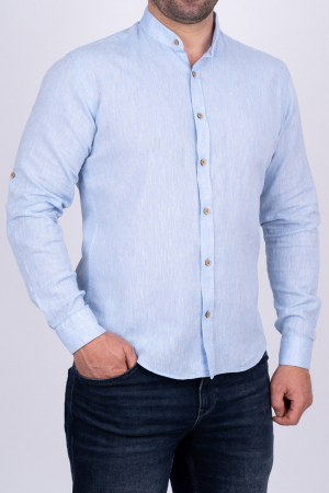 Camasa barbati casual slim bleu din in cu guler tunica [0]