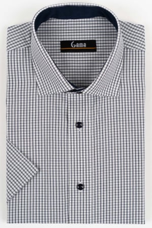 Camasi regular fit - Camasa barbati regular fit alba cu caro gri si bleumarin cu maneca scurta