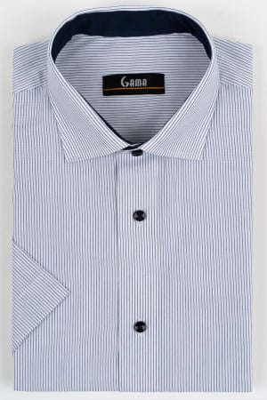 Camasi barbati - Camasa barbati regular fit alba cu dungi bleumarin cu maneca scurta
