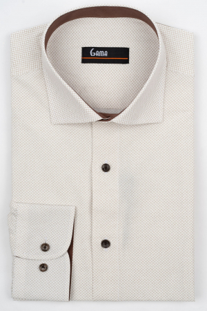 Camasi cu imprimeuri - Camasa barbati slim fit alba cu imprimeu geometric maro