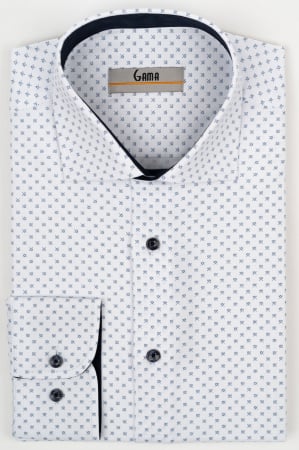 Camasi cu imprimeuri - Camasa barbati slim fit alba cu imprimeu geometric bleumarin si albastru CONFORT