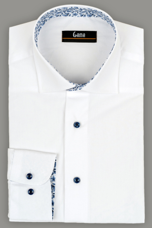 Camasi barbati - Camasa barbati regular fit alba cu insertie florala bleumarin la guler