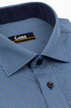Camasa barbati regular fit albastra cu caro negru si alb [2]