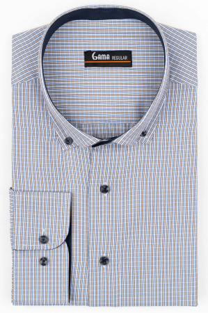 Camasi cu dungi si carouri - Camasa barbati regular fit alba cu carouri albastre si maro 2XL-3XL