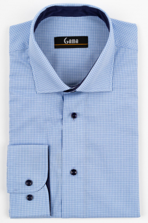 Camasi cu dungi si carouri - Camasa barbati slim fit bleu cu caro alb si albastru-deschis