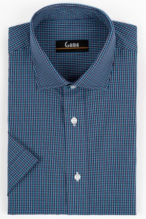 Camasi regular fit - Camasa barbati regular fit bleumarin cu caro fin maro si turcoaz cu maneca scurta 2XL- 4XL