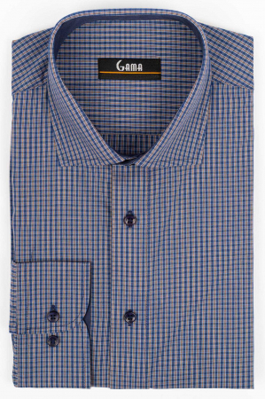 Camasi barbati - Camasa barbati slim fit bleumarin cu carouri maro si albe