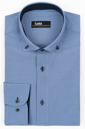 Camasi barbati - Camasa barbati slim fit albastra cu carouri bleumarin si albe