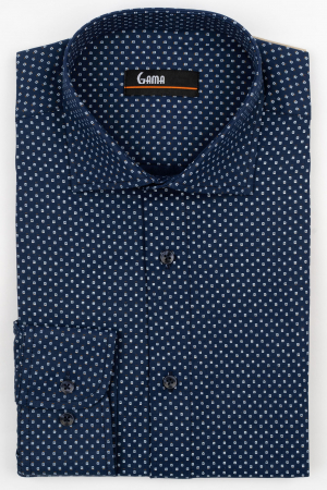 Camasi barbati - Camasa barbati slim fit  bleumarin cu imprimeu geometric bleu si maro