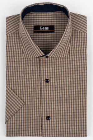 Camasi regular fit - Camasa barbati regular fit cappuccino cu caro fin alb si bleumarin cu maneca scurta