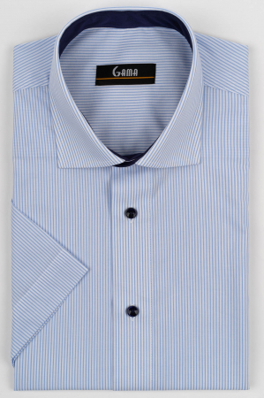 Camasi maneca scurta - Camasa barbati regular fit cu maneca scurta alba cu dungi bleu