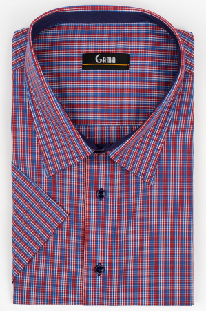 Camasi maneca scurta - Camasa barbati regular fit cu maneca scurta albastra cu caro rosu si alb 3XL - 4XL