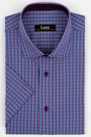Camasi barbati - Camasa barbati regular fit cu maneca scurta albastra cu carouri mov si albe 2XL