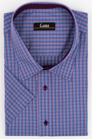 Camasi marimi mari - Camasa barbati regular fit cu maneca scurta albastra cu carouri mov si albe 3XL - 4XL