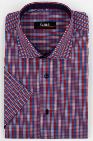 Camasi maneca scurta - Camasa barbati regular fit cu maneca scurta albastra cu caro rosu si alb