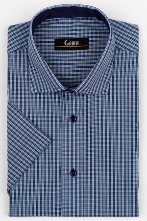 Camasi maneca scurta - Camasa barbati regular fit cu maneca scurta bleu cu carouri bleumarin 2XL