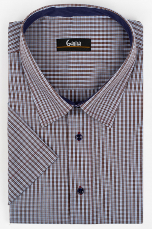 Camasi marimi mari - Camasa barbati regular fit cu maneca scurta maro cu carouri bleu 3XL - 4XL