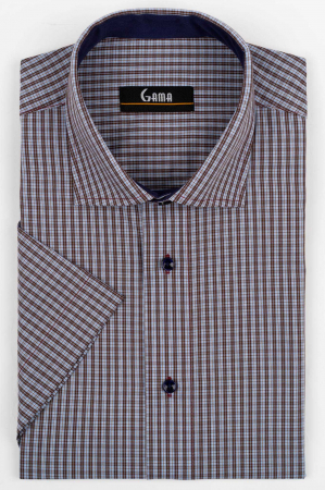 Camasi barbati - Camasa barbati regular fit cu maneca scurta maro cu carouri bleu