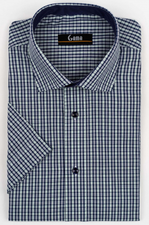 Camasi barbati - Camasa barbati regular fit cu maneca scurta verde deschis cu carouri bleumarin si albe 2XL